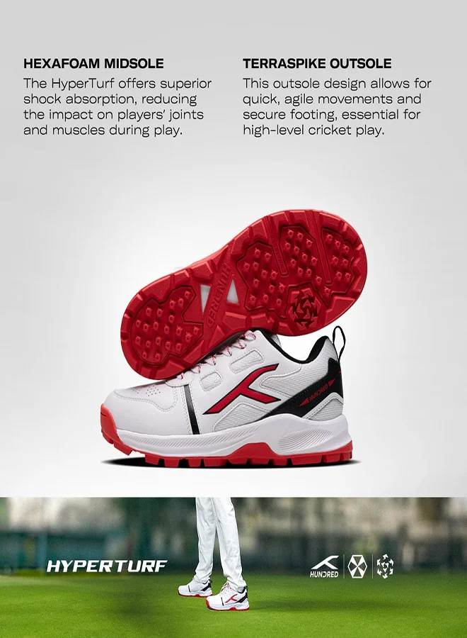 HUNDRED Hyperturf Cricket Shoes | Terraspike Rubber Studs | Embedded Support Plate For Stability | Lightweight & Durable | Ideal For Turf, Ground & Hard Surfaces (White/Black/Red ; Uk 5)