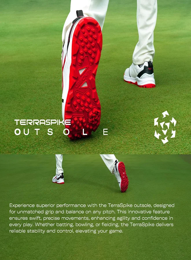 HUNDRED Hyperturf Cricket Shoes | Terraspike Rubber Studs | Embedded Support Plate For Stability | Lightweight & Durable | Ideal For Turf, Ground & Hard Surfaces (White/Black/Red ; Uk 5)
