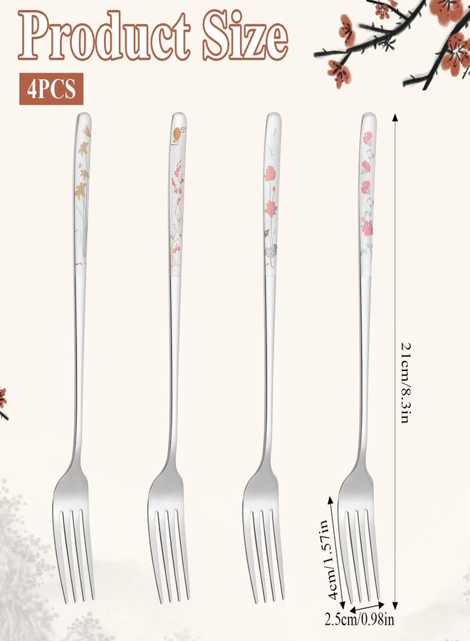 Aysatogc 4Pcs 8" Korean Forks Stainless Steel, Silverware Flatware Cutlery Dessert Forks Salad Fork with Flower Pattern Use for Kitchen, Home, Wedding, Party, Dishwasher Safe - Image 2