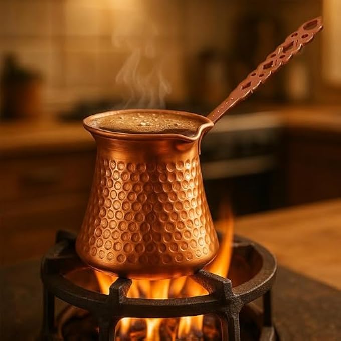 ريحني وعاء قهوة تركي مطلي بالنحاس سعة 350 مل مع مقبض خشبي مقاوم للحرارة، مناسب لصانعة القهوة على الموقد - Image 3