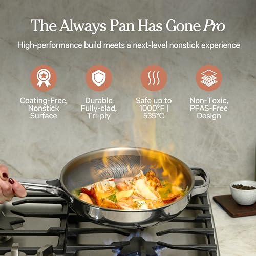 Our Place Titanium Always Pan Pro 106 PFASFree Nonstick Frying Pan with Spatula ChefGrade TriPly Stainless Steel Aluminum Build Induction OvenSafe up to 1000F Chrome - Image 3