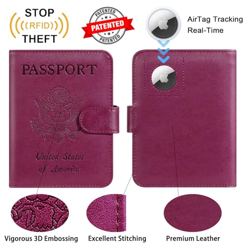 PASCACOO Airtag Passport Holder Cover Wallet RFID Blocking Leather Case Travel Essentials Luggage Accessories Travel Must Have(118#Purple) - Image 3