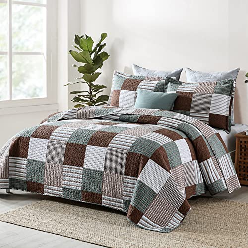 Finlonte Quilts Queen Size - 100% Cotton Queen Comforter Set Brown Green White Plaid Farmhouse Quilt Bedding Set, Reversible Lightweight Soft Bedspread, Quilted Coverlet All-Season, 3-Piece - Image 3