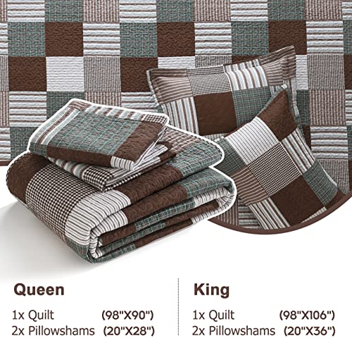 Finlonte Quilts Queen Size - 100% Cotton Queen Comforter Set Brown Green White Plaid Farmhouse Quilt Bedding Set, Reversible Lightweight Soft Bedspread, Quilted Coverlet All-Season, 3-Piece - Image 5