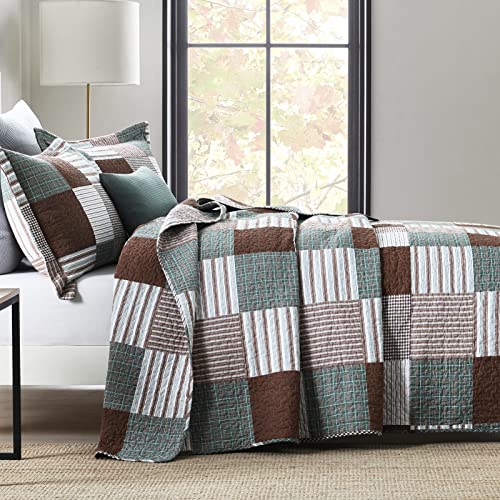 Finlonte Quilts Queen Size - 100% Cotton Queen Comforter Set Brown Green White Plaid Farmhouse Quilt Bedding Set, Reversible Lightweight Soft Bedspread, Quilted Coverlet All-Season, 3-Piece - Image 2
