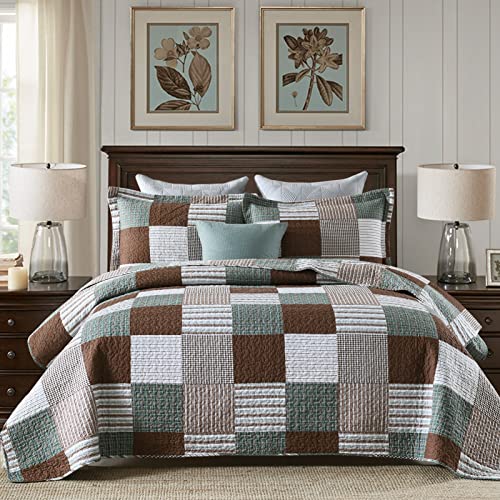 Finlonte Quilts Queen Size - 100% Cotton Queen Comforter Set Brown Green White Plaid Farmhouse Quilt Bedding Set, Reversible Lightweight Soft Bedspread, Quilted Coverlet All-Season, 3-Piece - Image 1