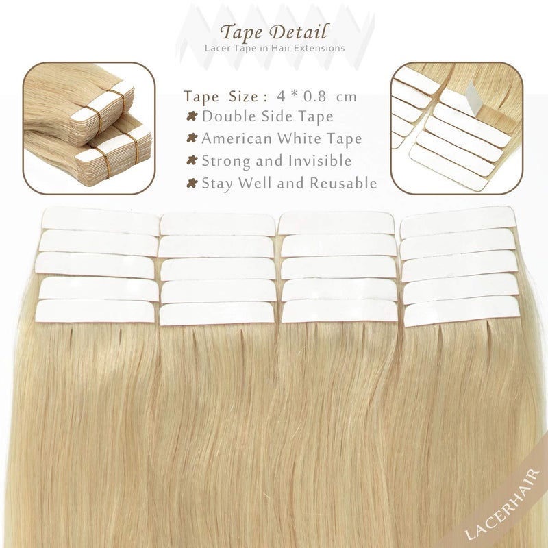 Lacerhair Tape In Blonde Human Hair Extensions Toned Platinum Blonde 60A Color Real Brazilian Hair 16 Inch Glue In Hair Extensions Silky Straight Natural Hair 50grams 20 Pcs - Image 3