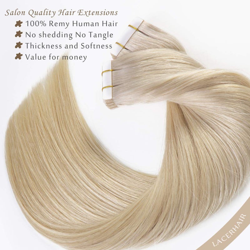 Lacerhair Tape In Blonde Human Hair Extensions Toned Platinum Blonde 60A Color Real Brazilian Hair 16 Inch Glue In Hair Extensions Silky Straight Natural Hair 50grams 20 Pcs - Image 4