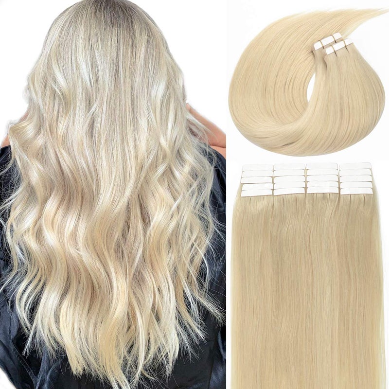Lacerhair Tape In Blonde Human Hair Extensions Toned Platinum Blonde 60A Color Real Brazilian Hair 16 Inch Glue In Hair Extensions Silky Straight Natural Hair 50grams 20 Pcs - Image 1