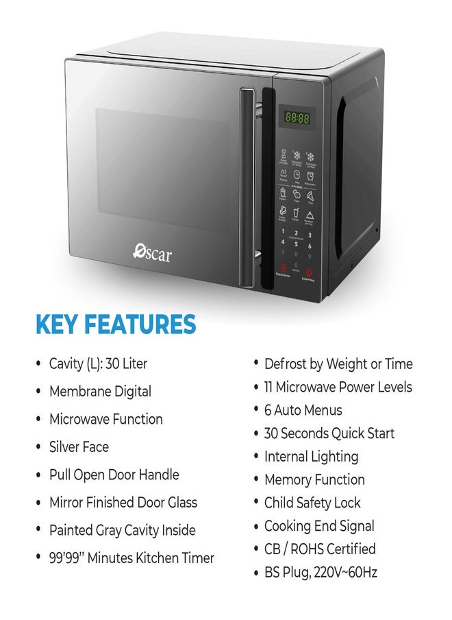 Oscar - OSCAR | Microwave Oven | Model: OMW30LDTS | 30 Liter Capacity | 11 Power Levels With 6 Auto Menus | Defrost Settings | Child Safety Lock | 900W Microwave Output - Image 1