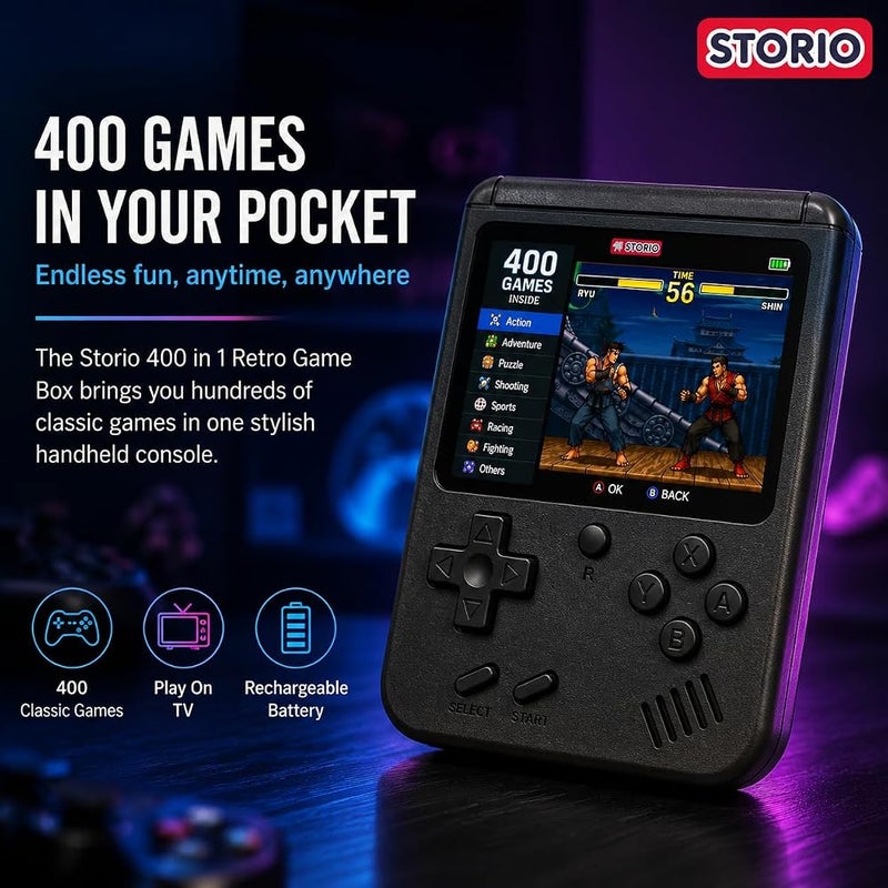 Storio Rechargeable Pocket Video Game for Kids 400 in 1 Retro Game Box Console Handheld Game Box with TV Output - Multicolor - Image 2