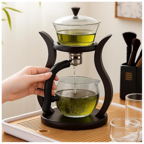 CUNHUY Lazy Kungfu Drip TeaPot, Heat Resistant Tea Set, Semi-Automatic Glass Teapot Suit for Magnetic Water Flow Wooden Glass Teapot Set - Image 1