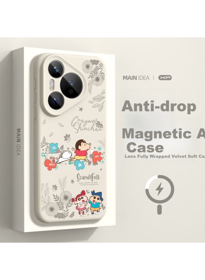 Xp Huawei Pura70Pro Phone Case Lens Full Coverage P70Pro+ Anti-Drop Heat Dissipation Magnetic Absorption Liquid Silicone Advanced Men And Women Crayon Shin-Chan - Antique White Shin-Chan Outing - Image 1