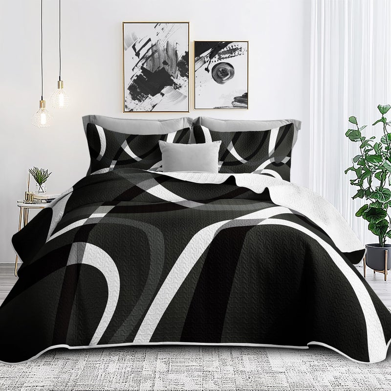 weesire Black and White Bedding Queen Size with 2 Shams, Modern Stripe Comforter Sets Classic Line Pattern Bedspreads Grey and White Coverlet, 90''x96'' - Image 1