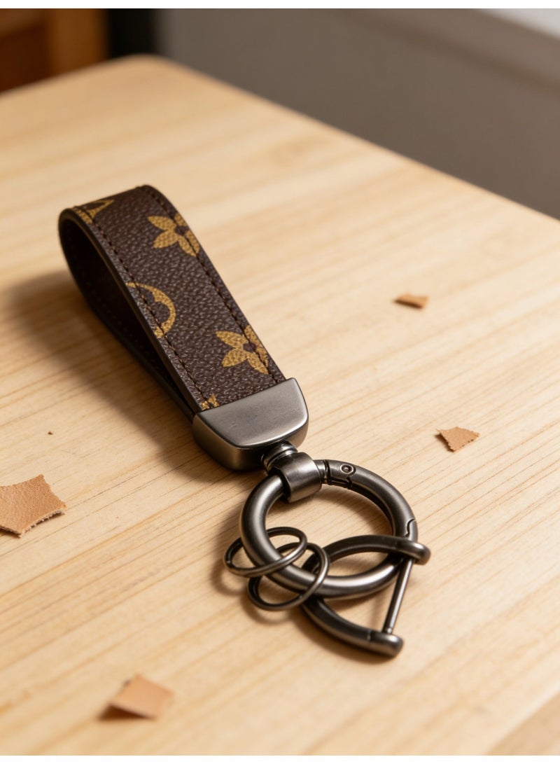 Car PU Leather Metal Keychains, Exquisite Printing Leather Zinc Alloy Ring 360° Rotation Car General Purpose Wrist Rope, Key School Bag Car Decoration Pendant (Brown) - Image 1