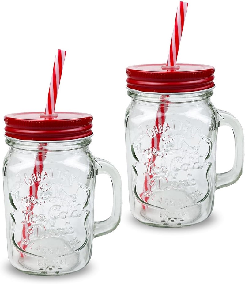 Glass Mason Jar Drinking Mugs with Red Lids and Striped Straws, 500ml, Set of 2