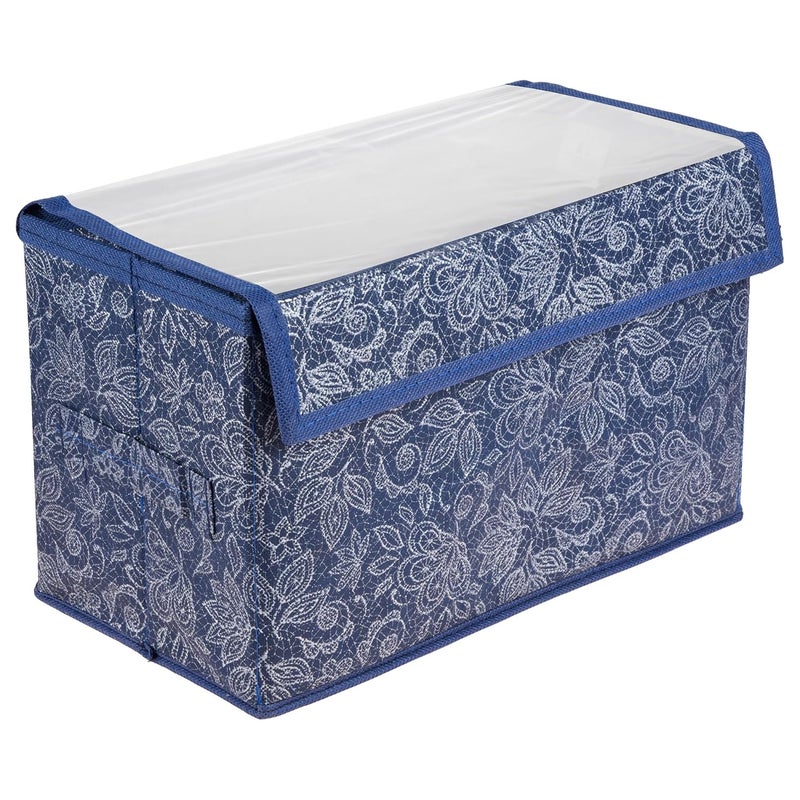 Kuber Industries Kuber Industries Drawer Storage Box|Clothes Drawer Organizer with Handle|Transparent Lid with Velcro|Wardrobe Organizer for Books|Flower Printed Dhakkan Storage Box|Medium|Navy Blue  - Image 1