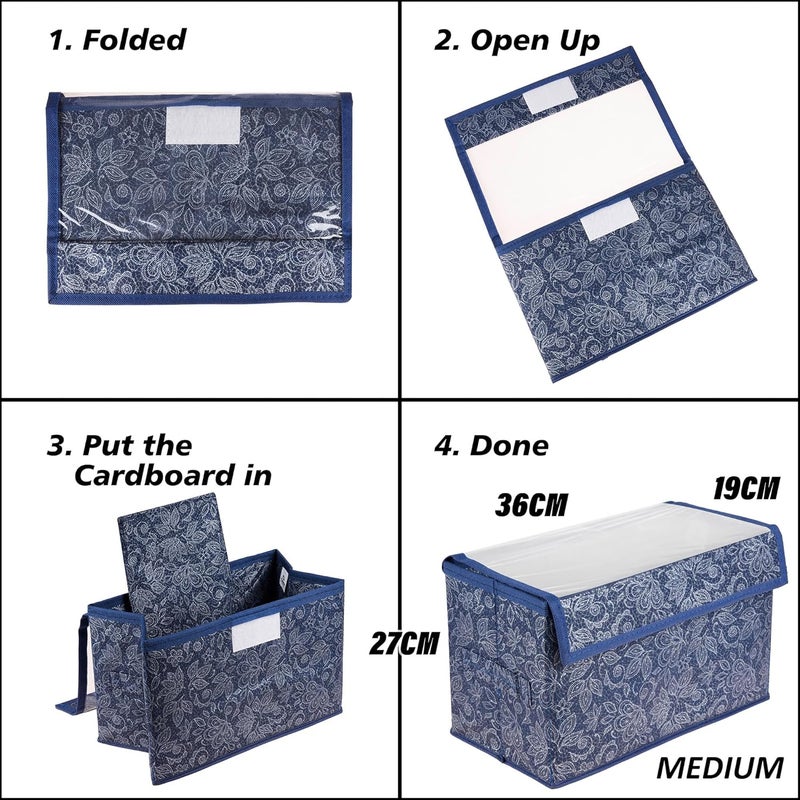 Kuber Industries Kuber Industries Drawer Storage Box|Clothes Drawer Organizer with Handle|Transparent Lid with Velcro|Wardrobe Organizer for Books|Flower Printed Dhakkan Storage Box|Medium|Navy Blue  - Image 4