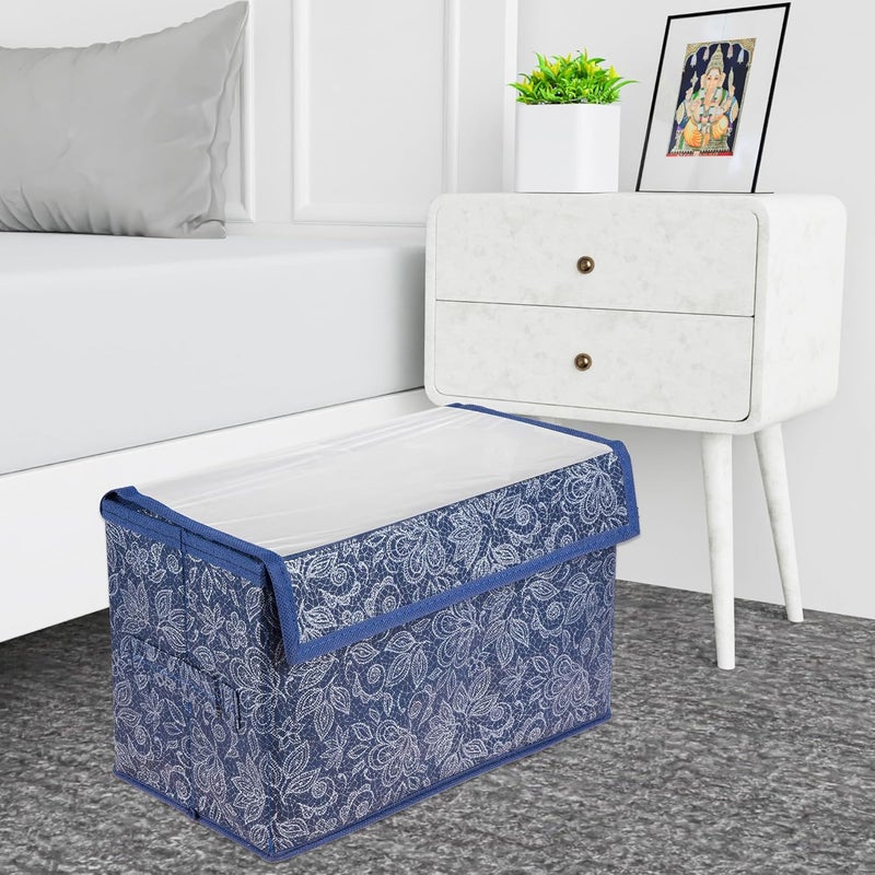 Kuber Industries Kuber Industries Drawer Storage Box|Clothes Drawer Organizer with Handle|Transparent Lid with Velcro|Wardrobe Organizer for Books|Flower Printed Dhakkan Storage Box|Medium|Navy Blue  - Image 5