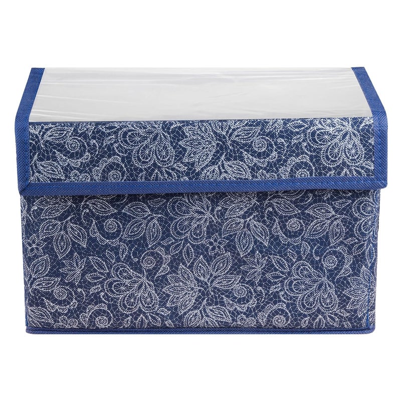 Kuber Industries Kuber Industries Drawer Storage Box|Clothes Drawer Organizer with Handle|Transparent Lid with Velcro|Wardrobe Organizer for Books|Flower Printed Dhakkan Storage Box|Medium|Navy Blue  - Image 2
