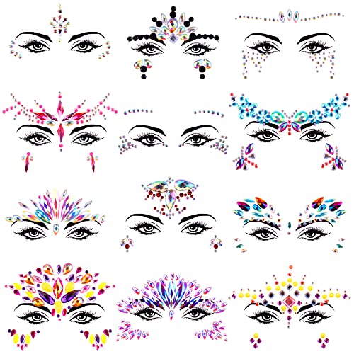 SIQUK 12 Sets Face Gems Mermaid Face Jewels Rave Face Crystal Gems Eye Face Body Face Jewel Stickers for Festival Party - Image 1