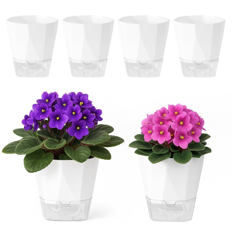 Planterhoma 6 Pack Self Watering Pots for Indoor Plants, 5 Inches Self Watering Planters Small African Violet Self Watering Clear Pots for Plants Herb Orchid Flower Houseplant Pots, White - Image 1