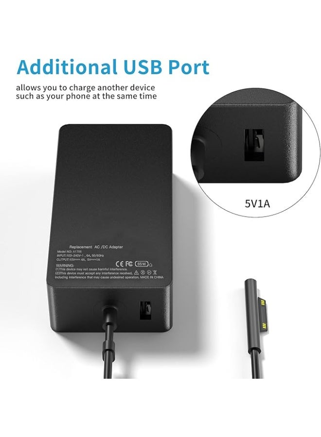 Terabyte 65W 15V 4A Surface Book AC Adapter Charger fit for Microsoft Model 1706 Tablet Power Supply Jack 6Ft Cord with USB - Image 4