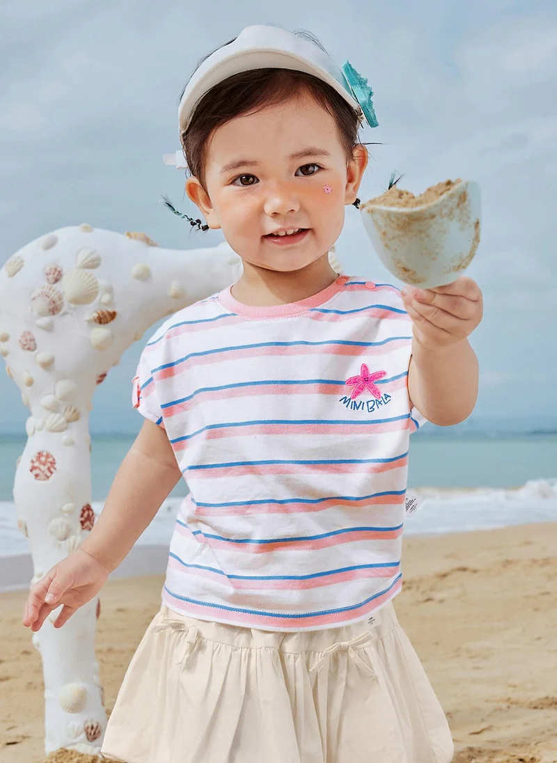mini bala Girls Kid Stylish Cover - shoulder Sleeve Vest, Cute Starfish Embroidered, Adorable Bow - Decorated, Soft And Comfortable, Trendy Striped Design, Perfect For Casual Daily Wear And Beach Outings Children's Vest