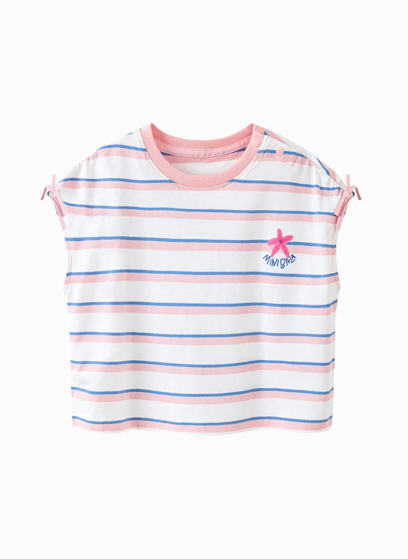 mini bala Girls Kid Stylish Cover - shoulder Sleeve Vest, Cute Starfish Embroidered, Adorable Bow - Decorated, Soft And Comfortable, Trendy Striped Design, Perfect For Casual Daily Wear And Beach Outings Children's Vest