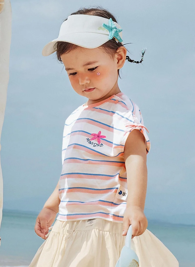 mini bala Girls Kid Stylish Cover - shoulder Sleeve Vest, Cute Starfish Embroidered, Adorable Bow - Decorated, Soft And Comfortable, Trendy Striped Design, Perfect For Casual Daily Wear And Beach Outings Children's Vest