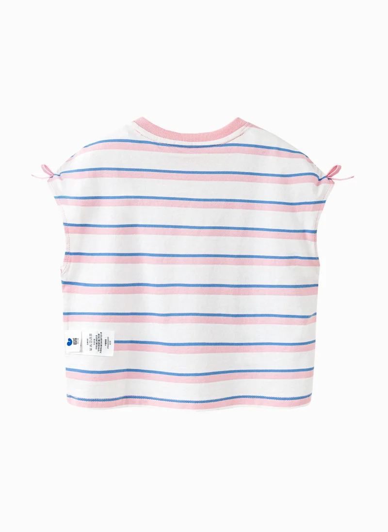 mini bala Girls Kid Stylish Cover - shoulder Sleeve Vest, Cute Starfish Embroidered, Adorable Bow - Decorated, Soft And Comfortable, Trendy Striped Design, Perfect For Casual Daily Wear And Beach Outings Children's Vest