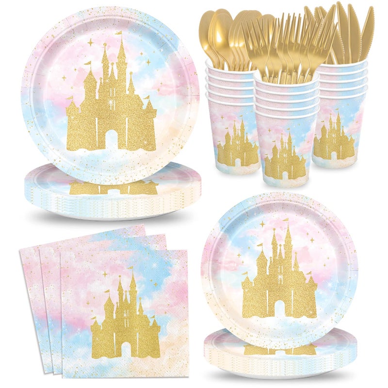 XIENBLOC 168pcs Princess Party Decorations Castle Paper Plates Napkins Disposable Tableware Set Paper Cups Watercolor Pastel Rainbow Princess Castle Birthday Party Supplies Serves 24 - Image 2