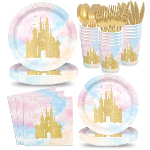 XIENBLOC 168pcs Princess Party Decorations Castle Paper Plates Napkins Disposable Tableware Set Paper Cups Watercolor Pastel Rainbow Princess Castle Birthday Party Supplies Serves 24 - Image 1