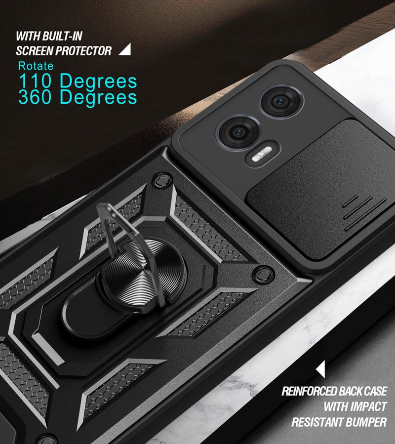 SPAZY CASE® Motorola Moto Edge 50 Fusion 5G Back Cover | Heavy Duty Hybrid Case with 360 Degree Rotating Finger Ring Holder + Slider Shutter Camera Protection Case for Moto Edge 50 Fusion 5G - Black - Image 3