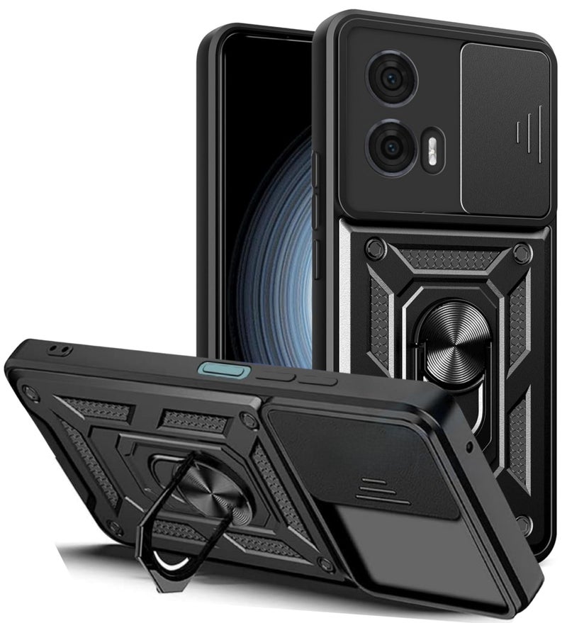 SPAZY CASE® Motorola Moto Edge 50 Fusion 5G Back Cover | Heavy Duty Hybrid Case with 360 Degree Rotating Finger Ring Holder + Slider Shutter Camera Protection Case for Moto Edge 50 Fusion 5G - Black - Image 1