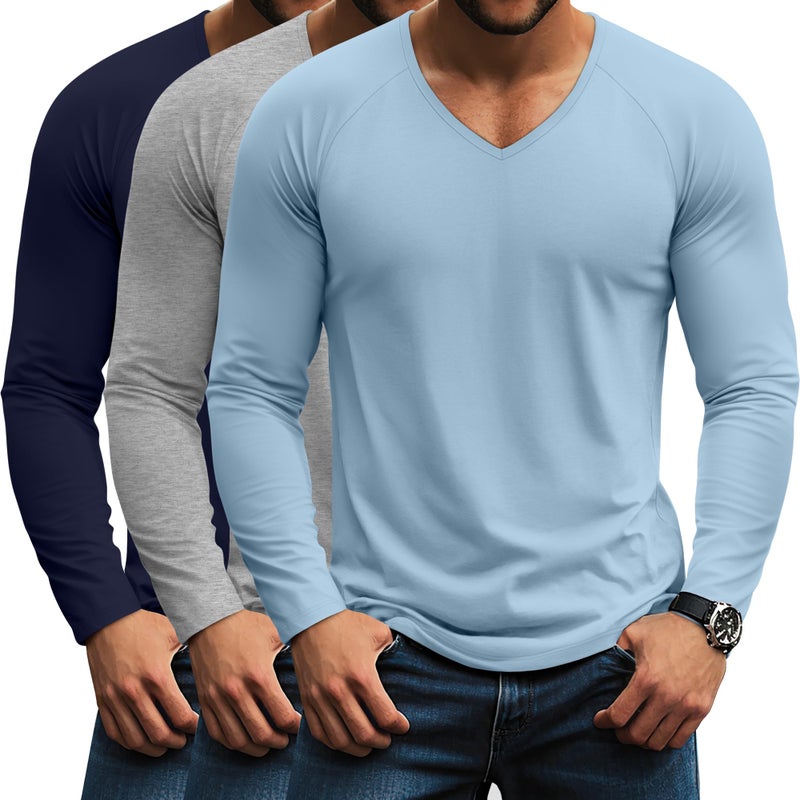 Riyiper 3 Pack Men's Long Sleeve T-Shirts V Neck Curved Hem Casual Raglan Shirts Stretch Lounge Basic Fall Plain Layer Tops(Navy Blue, Light Heather Gray, Light Blue,Large) - Image 1