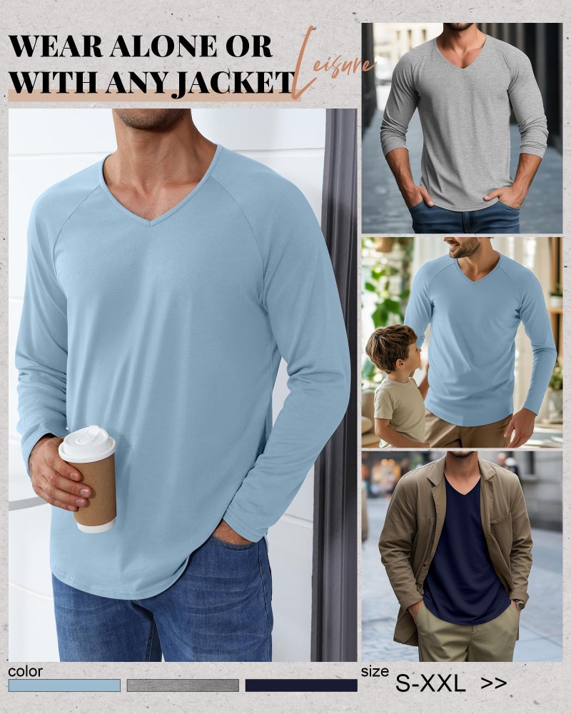 Riyiper 3 Pack Men's Long Sleeve T-Shirts V Neck Curved Hem Casual Raglan Shirts Stretch Lounge Basic Fall Plain Layer Tops(Navy Blue, Light Heather Gray, Light Blue,Large) - Image 4