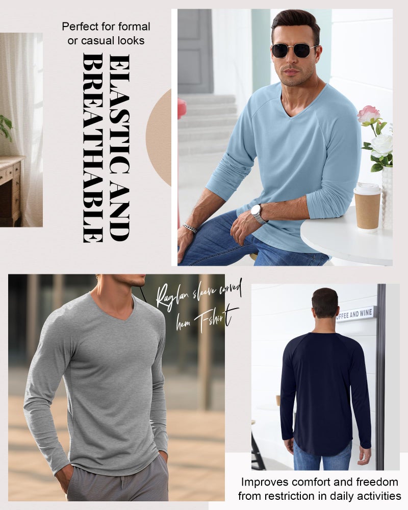 Riyiper 3 Pack Men's Long Sleeve T-Shirts V Neck Curved Hem Casual Raglan Shirts Stretch Lounge Basic Fall Plain Layer Tops(Navy Blue, Light Heather Gray, Light Blue,Large) - Image 5