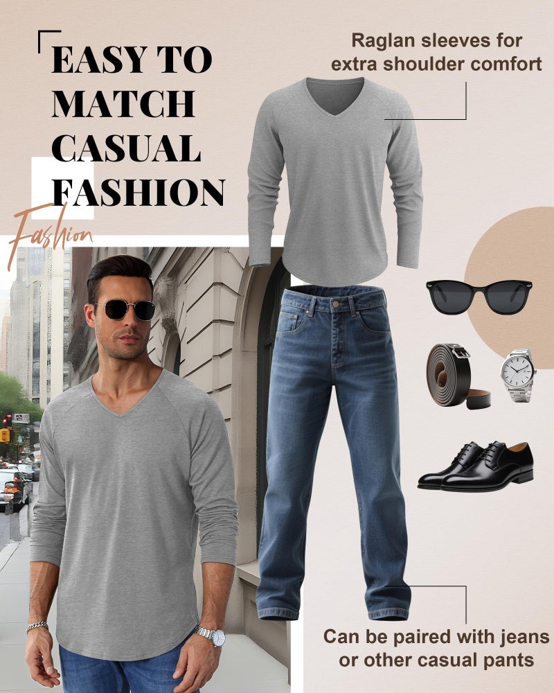 Riyiper 3 Pack Men's Long Sleeve T-Shirts V Neck Curved Hem Casual Raglan Shirts Stretch Lounge Basic Fall Plain Layer Tops(Navy Blue, Light Heather Gray, Light Blue,Large) - Image 3