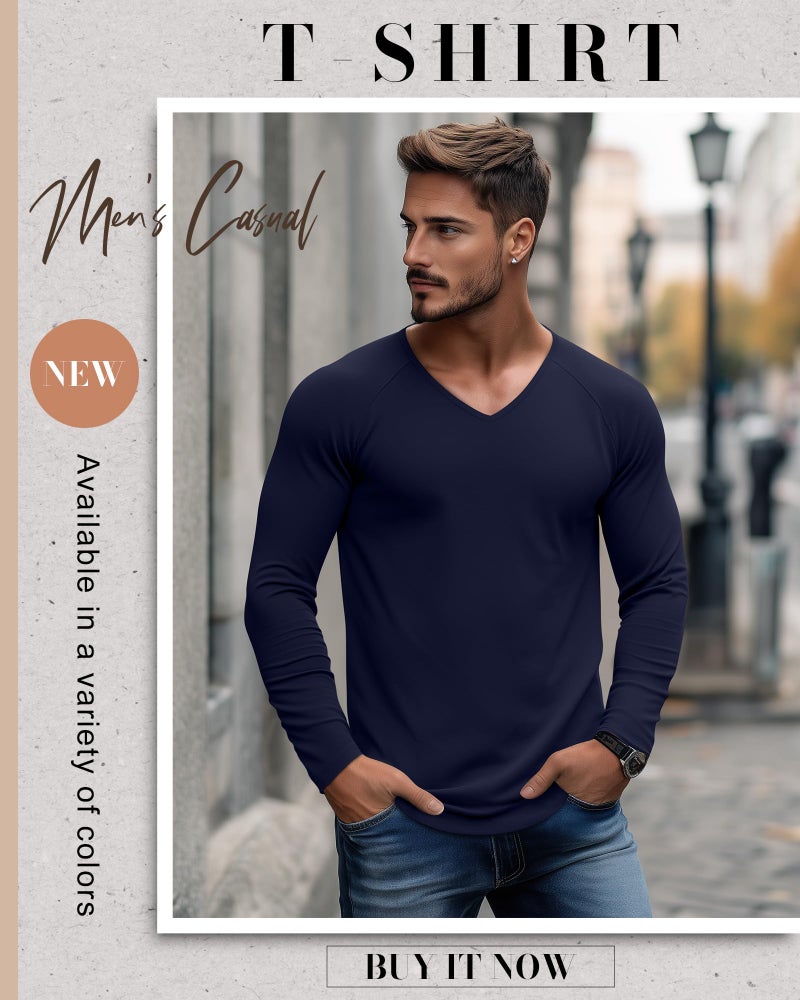 Riyiper 3 Pack Men's Long Sleeve T-Shirts V Neck Curved Hem Casual Raglan Shirts Stretch Lounge Basic Fall Plain Layer Tops(Navy Blue, Light Heather Gray, Light Blue,Large) - Image 2