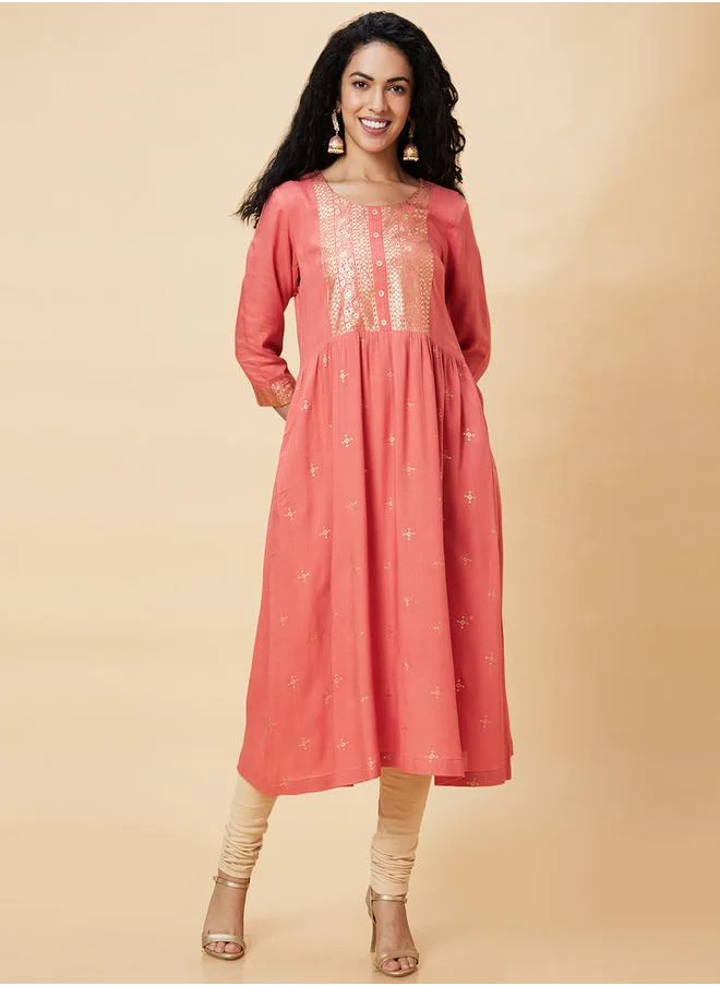 جلو باص Foil Print Round Neck A-Line Kurta