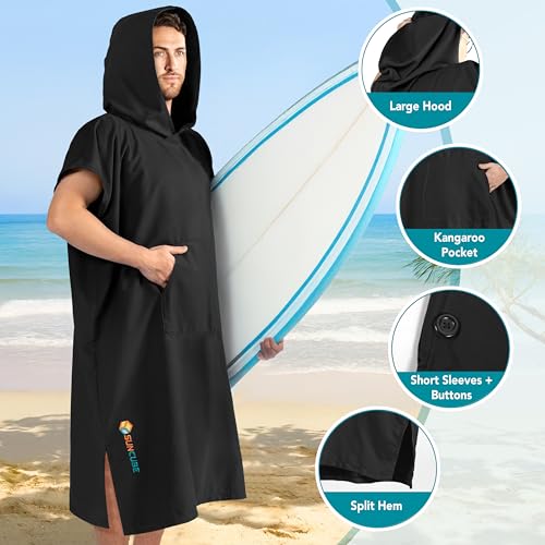 Suncube SUN CUBE Surf Poncho Changing Robe with Hood, Quick Dry Microfiber Wetsuit Changing Towel for Surfing Beach Swim Outdoor Sports Men, Absorbent Wearable Towel Cover Up with Pocket, Black - Image 2