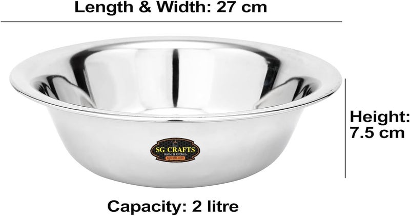 SG CRAFTS وعاء متعدد الأغراض من الفولاذ المقاوم للصدأ ثقيل القياس / وعاء خلط / عجينة العطا - 1 وحدة (2 لتر (28 سم)) - Image 2