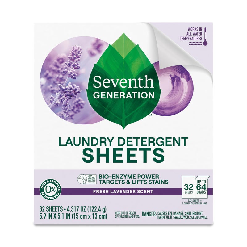 Seventh Generation Laundry Detergent Sheets, Up to 64 Loads, Fresh Lavender Scent, Removes Tough Stains, 0% Dyes and Artificial Fragrances, Safer for your family - Image 2