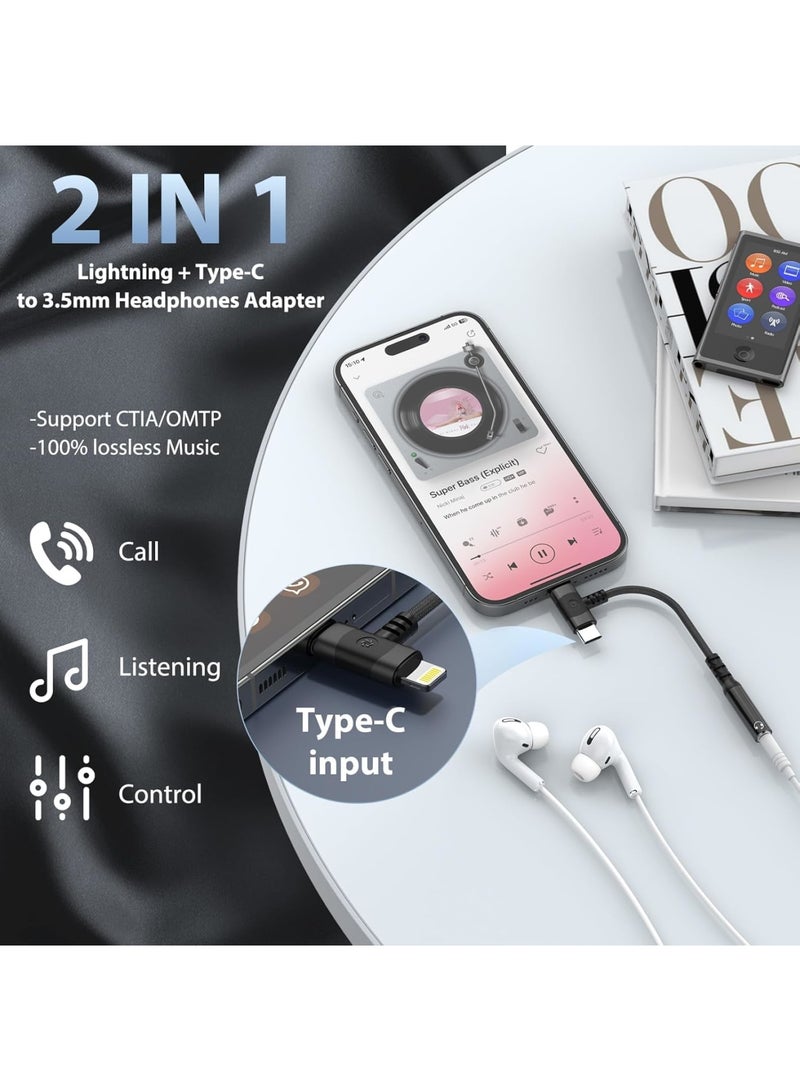 SYOSI محول USB-C Lightning إلى 3.5 مم، مقسم صوت 2 في 1، معتمد من Apple MFi، محول سماعات، متوافق مع iPhone 15 14 13 12 11 iPad Pro Samsung Pixel LG، أسود - Image 2