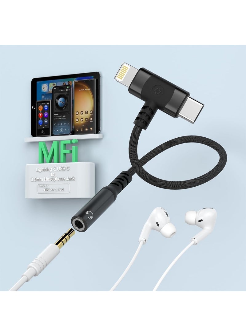 SYOSI محول USB-C Lightning إلى 3.5 مم، مقسم صوت 2 في 1، معتمد من Apple MFi، محول سماعات، متوافق مع iPhone 15 14 13 12 11 iPad Pro Samsung Pixel LG، أسود - Image 1