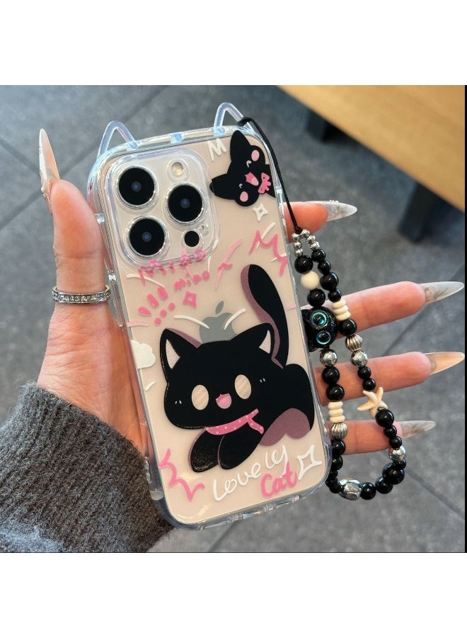 NIBEMINENT Transparent Cute Black Cat Protective TPU Case Cover For iPhone 16, Scared Cat With Bracelet