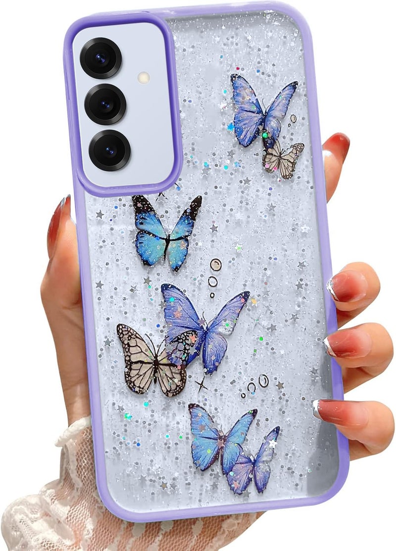 VONZEE for Samsung Galaxy S24 5G Clear Glitter Butterfly Case, Cute Bling Sparkle Shiny Soft Silicone TPU Bumper Shockproof Women Girls Slim Protective Phone Cover for Galaxy S24 5G, Purple - Image 1