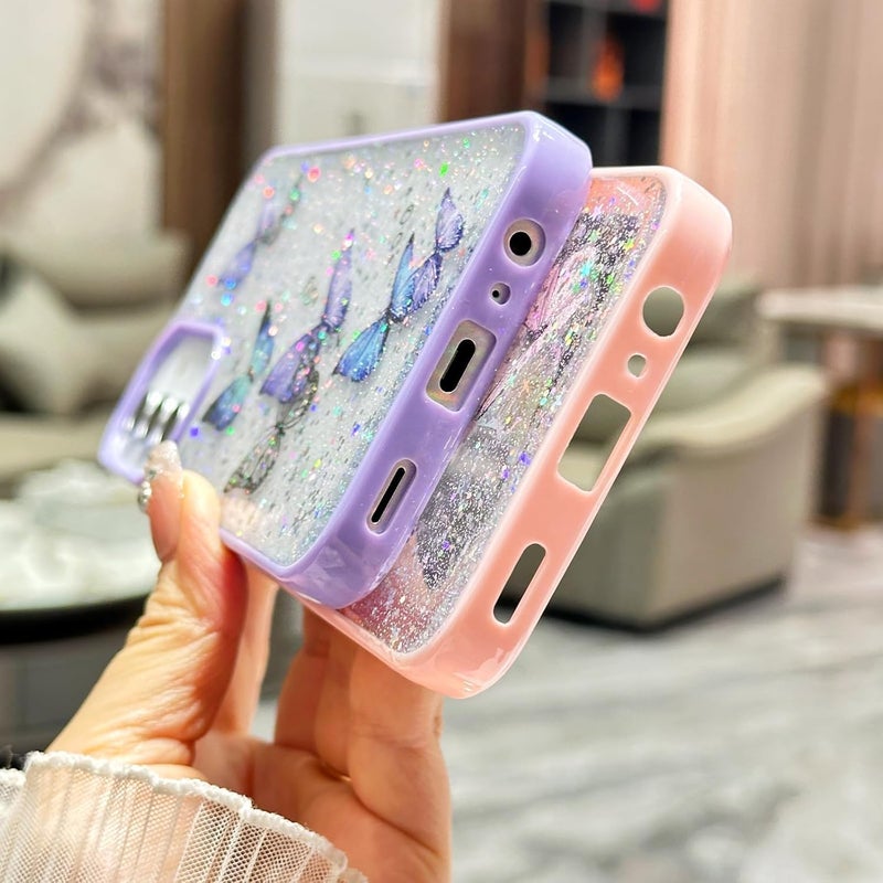 VONZEE for Samsung Galaxy S24 5G Clear Glitter Butterfly Case, Cute Bling Sparkle Shiny Soft Silicone TPU Bumper Shockproof Women Girls Slim Protective Phone Cover for Galaxy S24 5G, Purple - Image 2