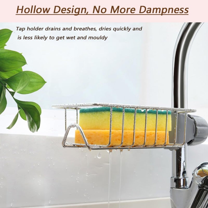 PUJI Kitchen Sink Caddy Organizer Over Faucet Sponge Holder, Stainless Steel Heavy Duty Thickening Hanging Faucet Drain Rack for Scrubbers, Soap, Bathroom, Detachable No Suction Cup or Magnet - Image 3